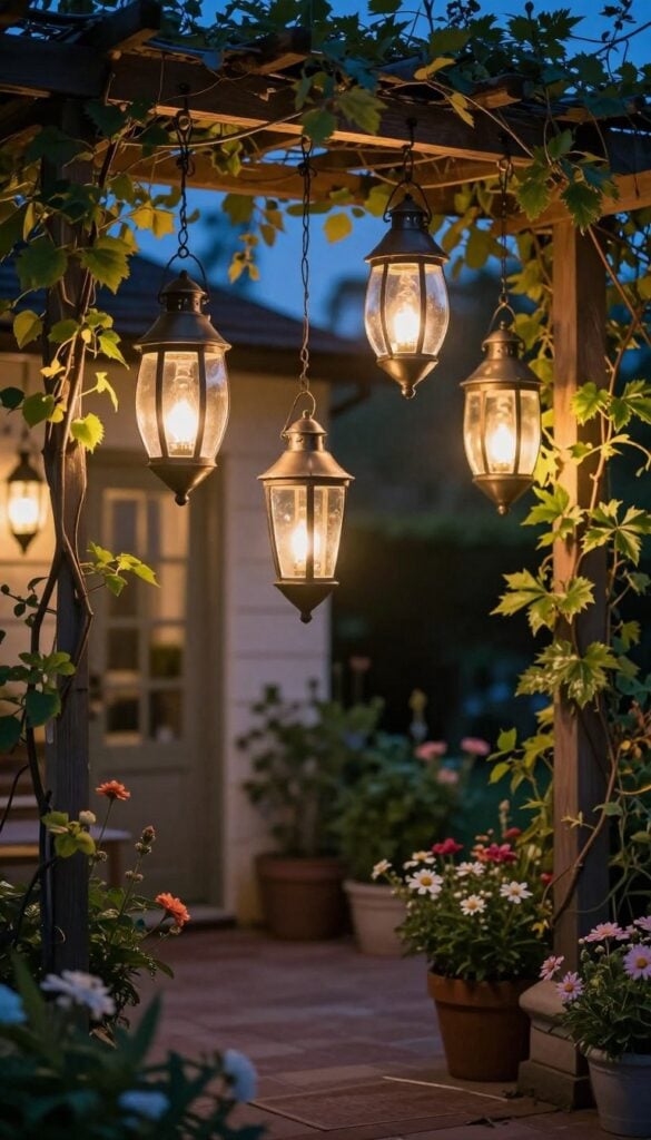 Warm hanging lanterns creating soft evening lighting on cottage patio
