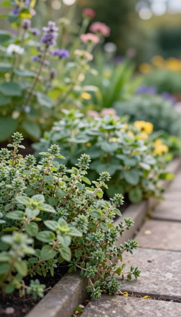 Herbs like thyme and oregano spilling over pathway edges in a cottage garden as natural gap fillers