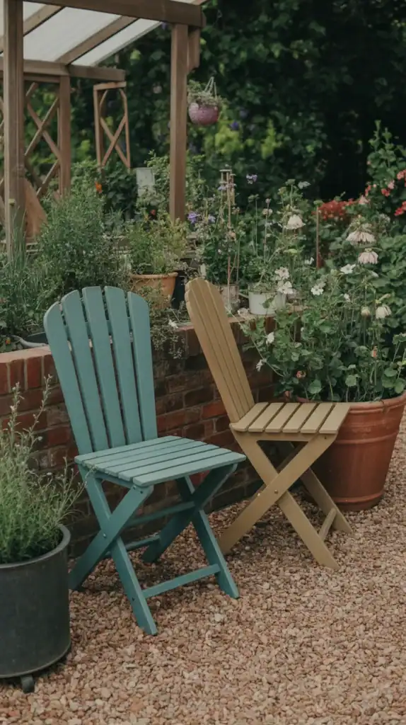 Rustic mismatched chairs on warm gravel patio surrounded by cottage garden flowers and herbs