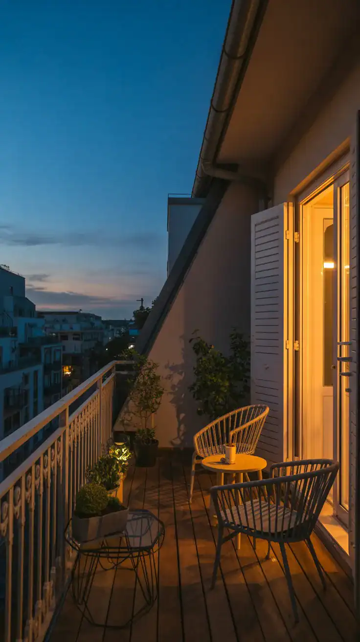 Cozy small balcony lighting at twilight