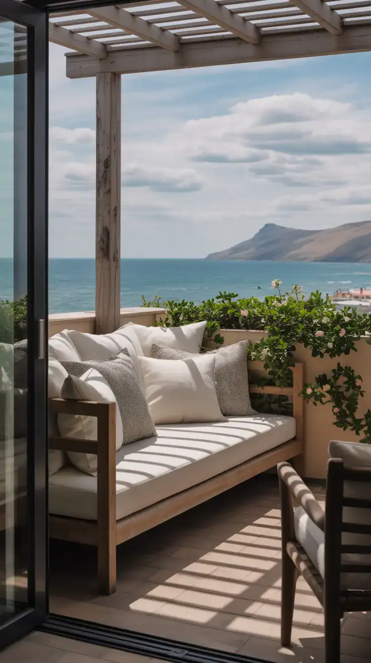 daybed style seating on balcony with deep cushions for lounging