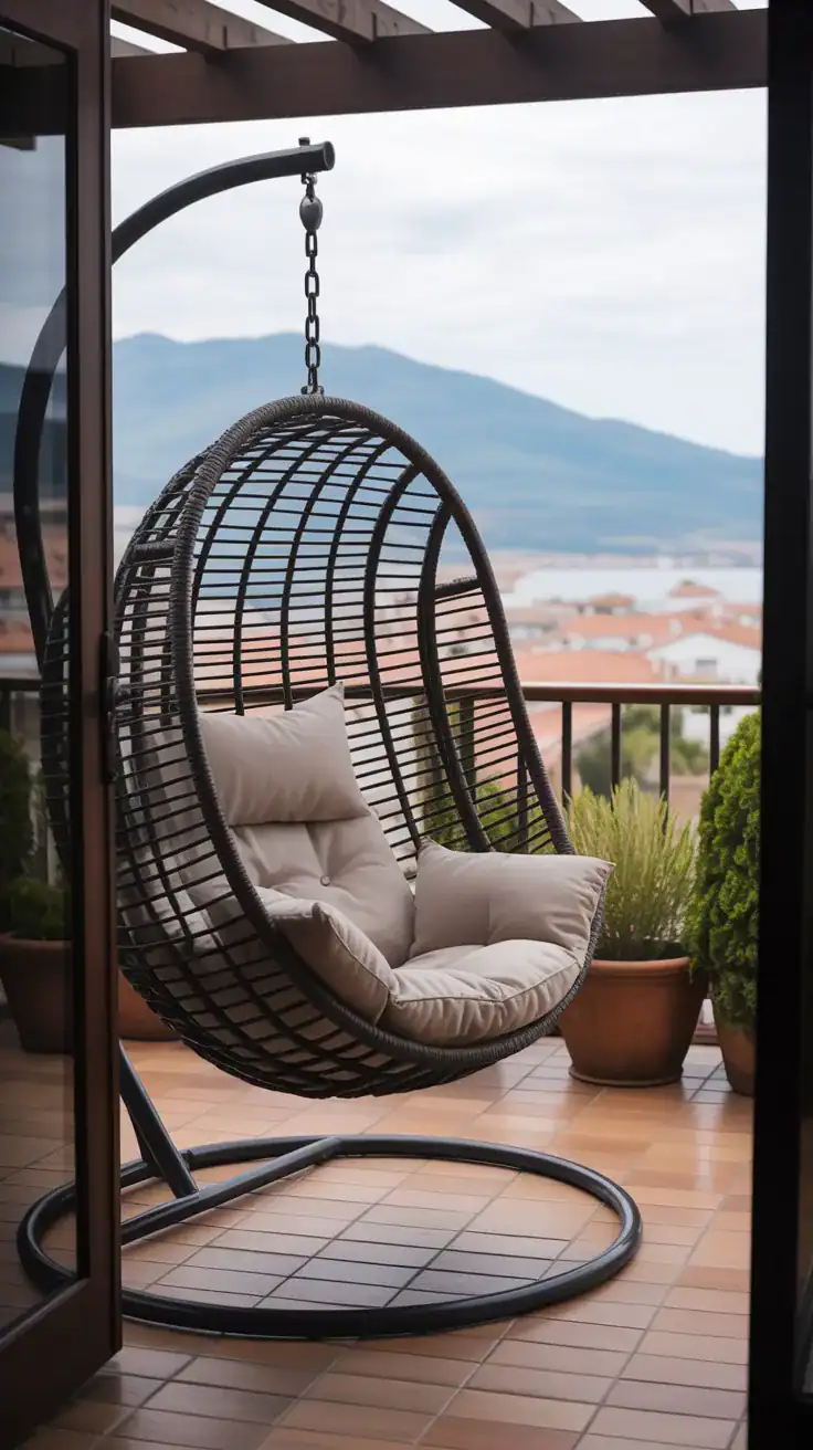 hanging chair suspended on balcony creating relaxing swaying seat