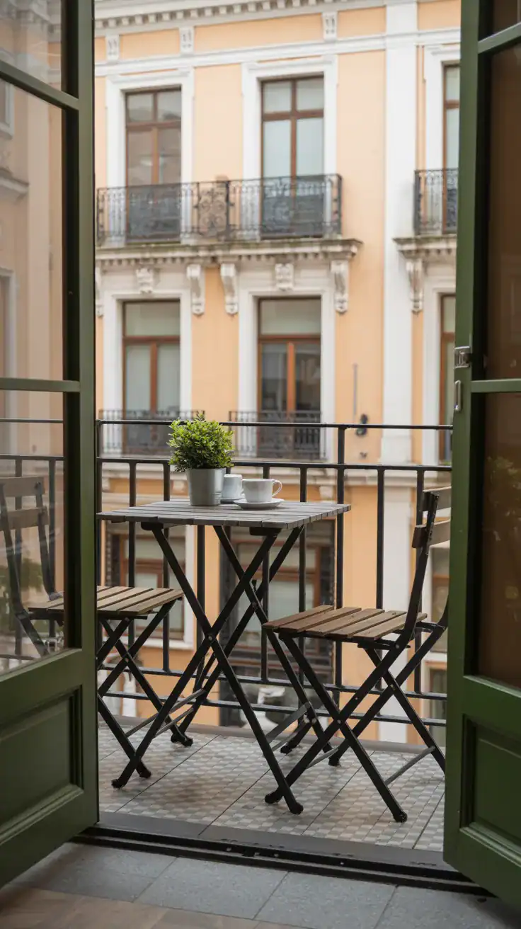 classic bistro table and chairs set on small balcony for dining and coffee