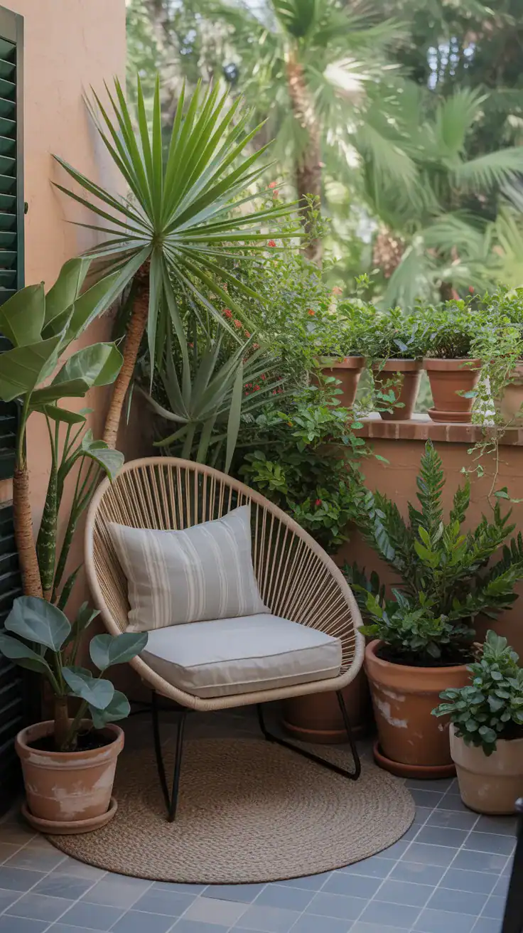 corner chair surrounded by potted plants creating private balcony retreat