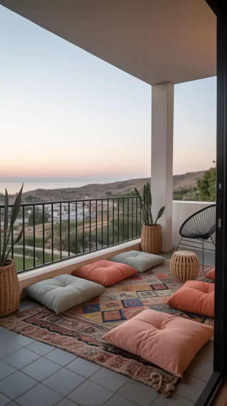 floor cushions arranged on balcony with outdoor rug creating casual seating