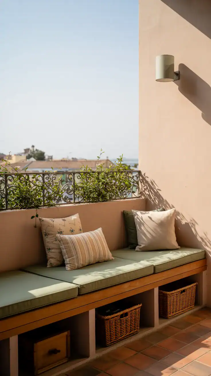 built-in bench along balcony wall with cushions and storage underneath