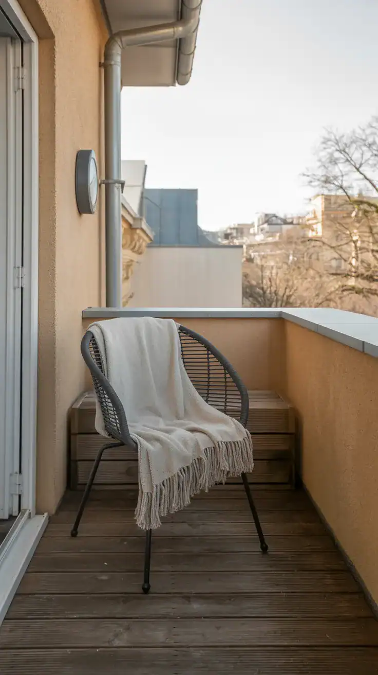 cozy balcony sitting area with single chair and soft throw blanket