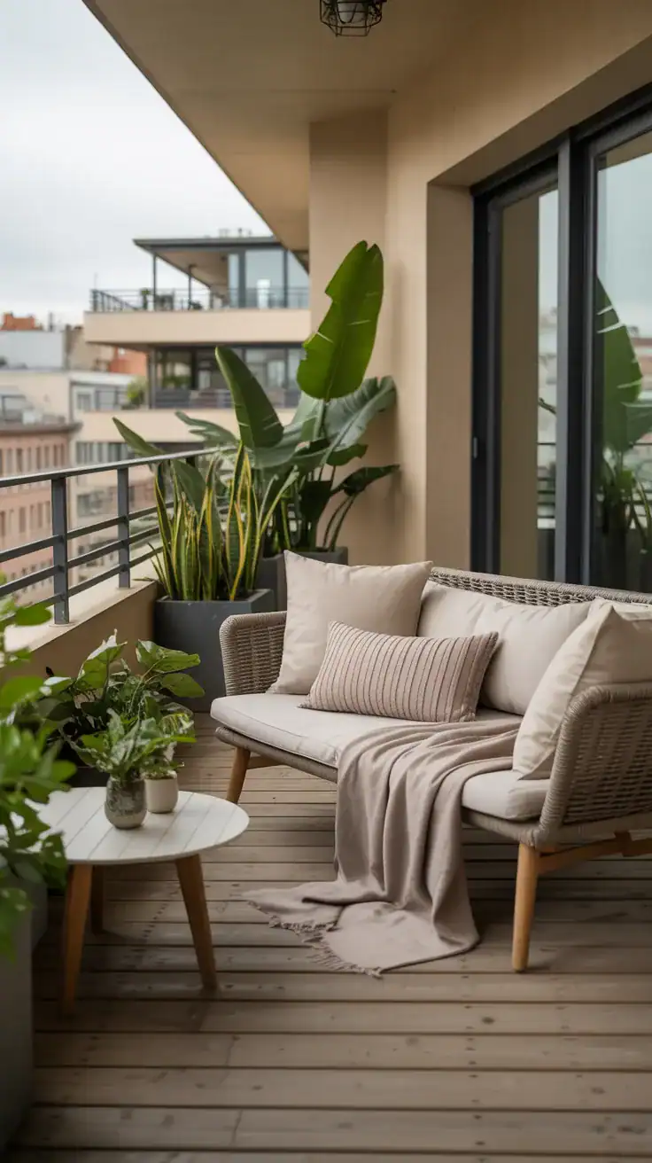 Cozy balcony lounge area with soft cushioned seating and neutral throw blankets creating an inviting outdoor living space