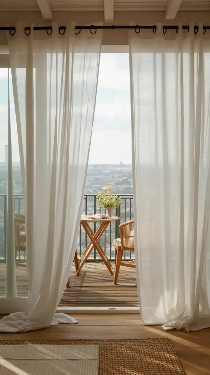 Balcony with flowing white sheer curtains creating soft privacy while allowing natural light and gentle movement