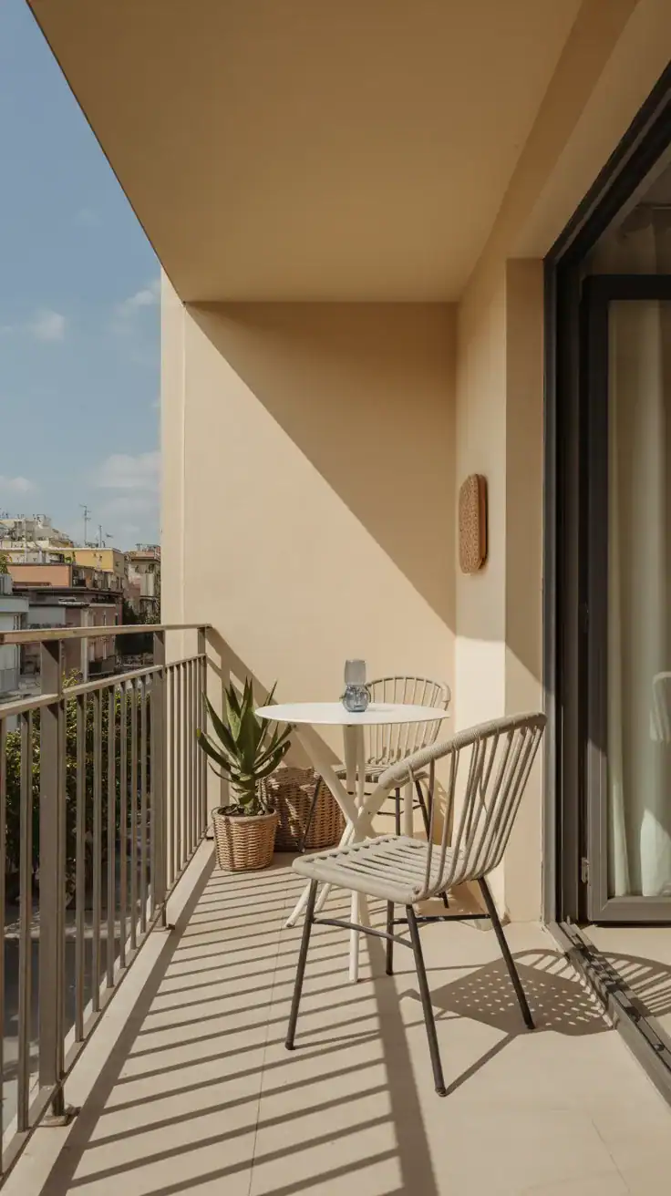 Clean minimalist balcony with simple furniture and open space creating peaceful uncluttered outdoor area