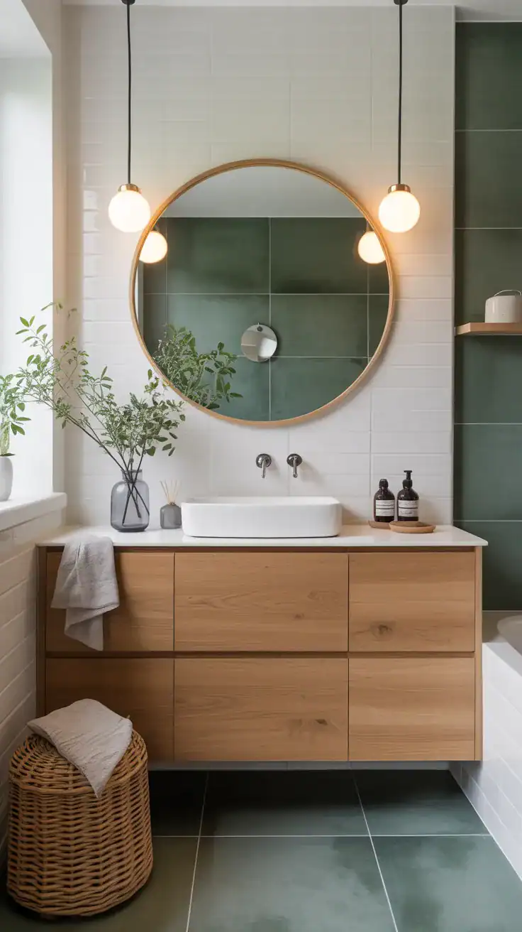 Scandinavian bathroom ideas featuring light oak wood vanity against white walls for warmth