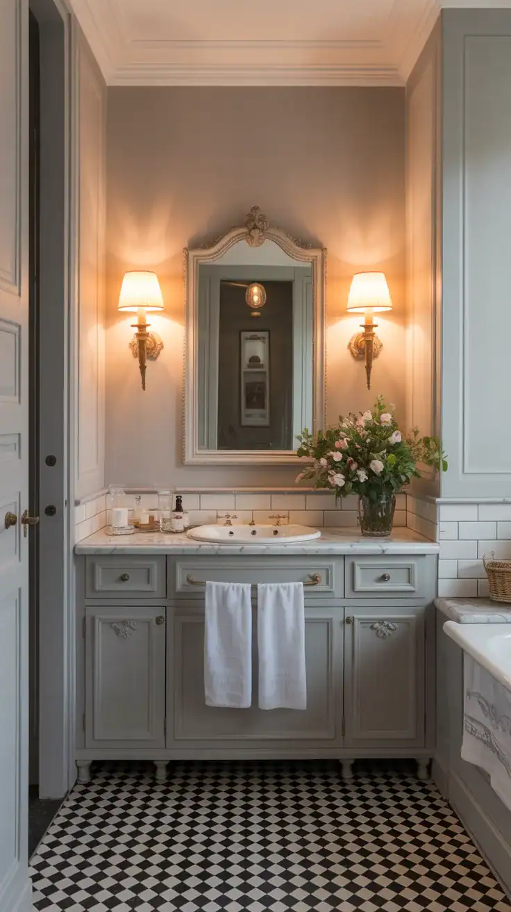 Symmetrical wall sconces providing balanced warm lighting in French bathroom