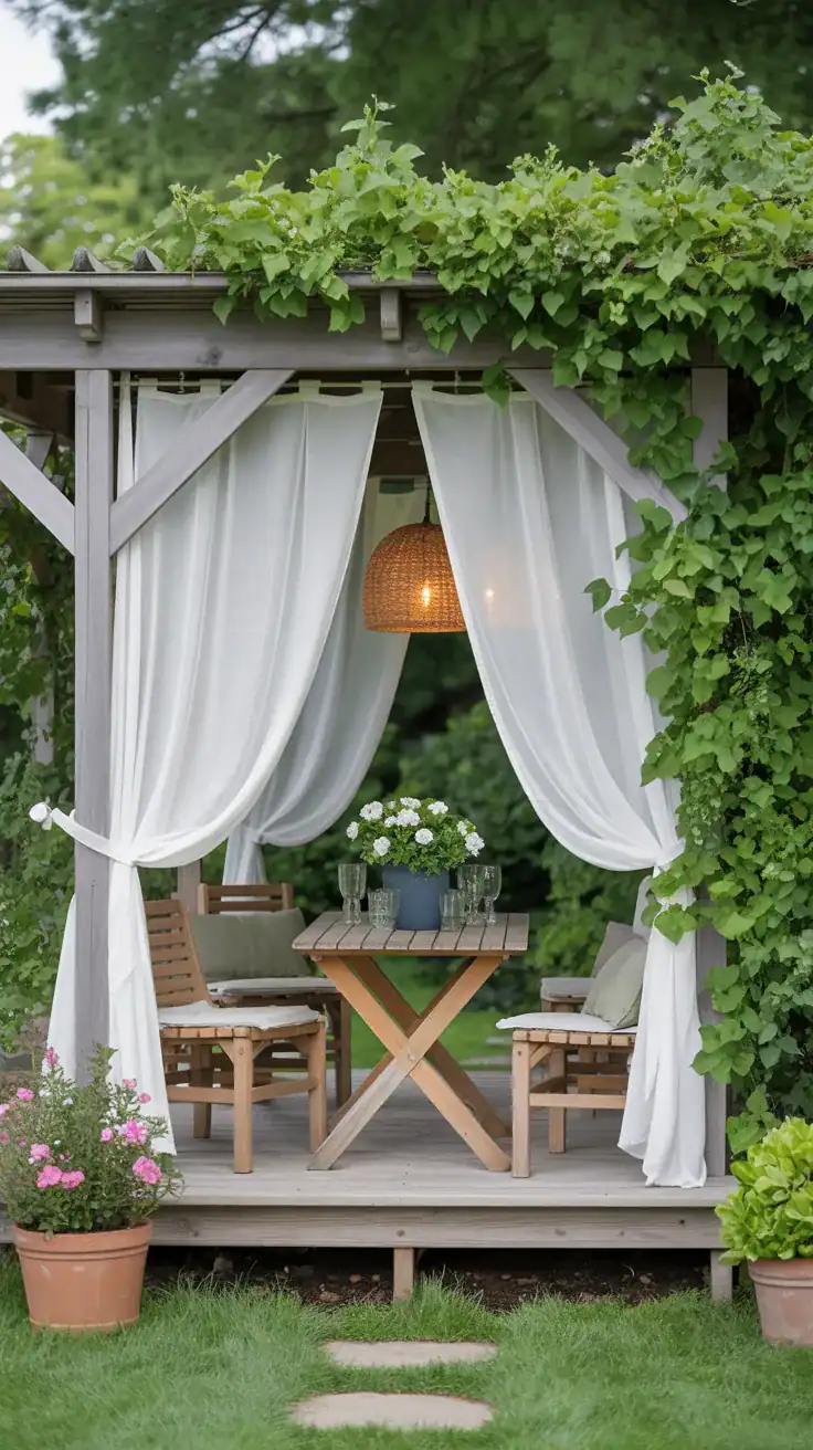 Light outdoor curtains creating soft movement on cottage garden patio