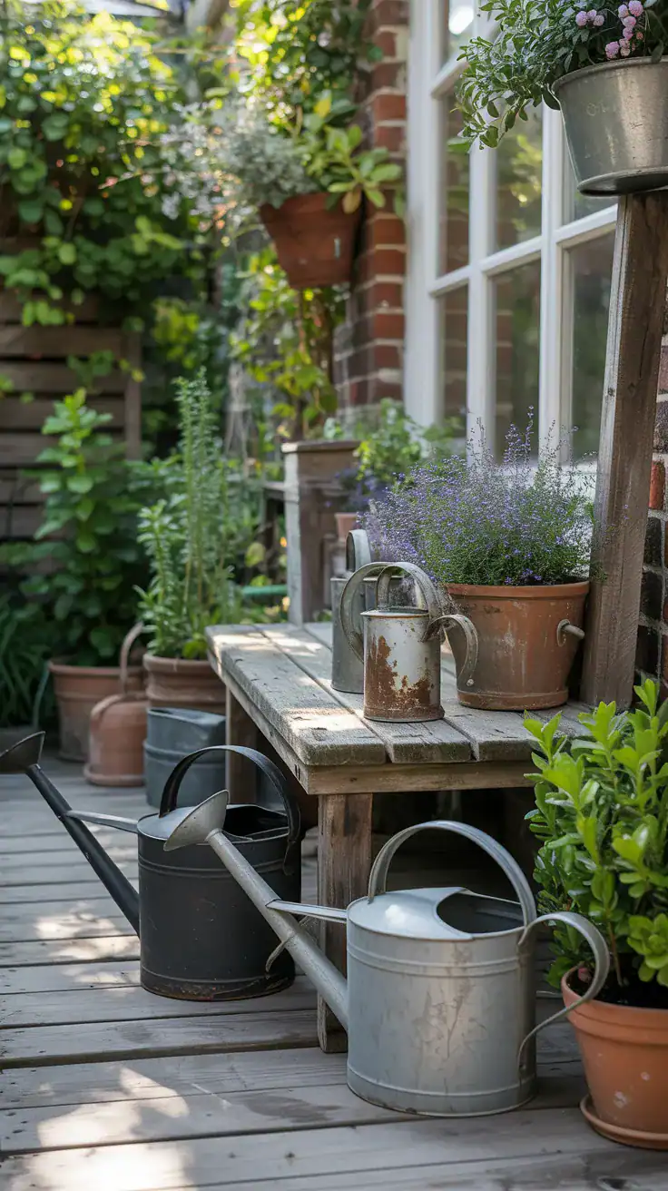 Vintage watering cans and reclaimed decor on a cottage garden patio