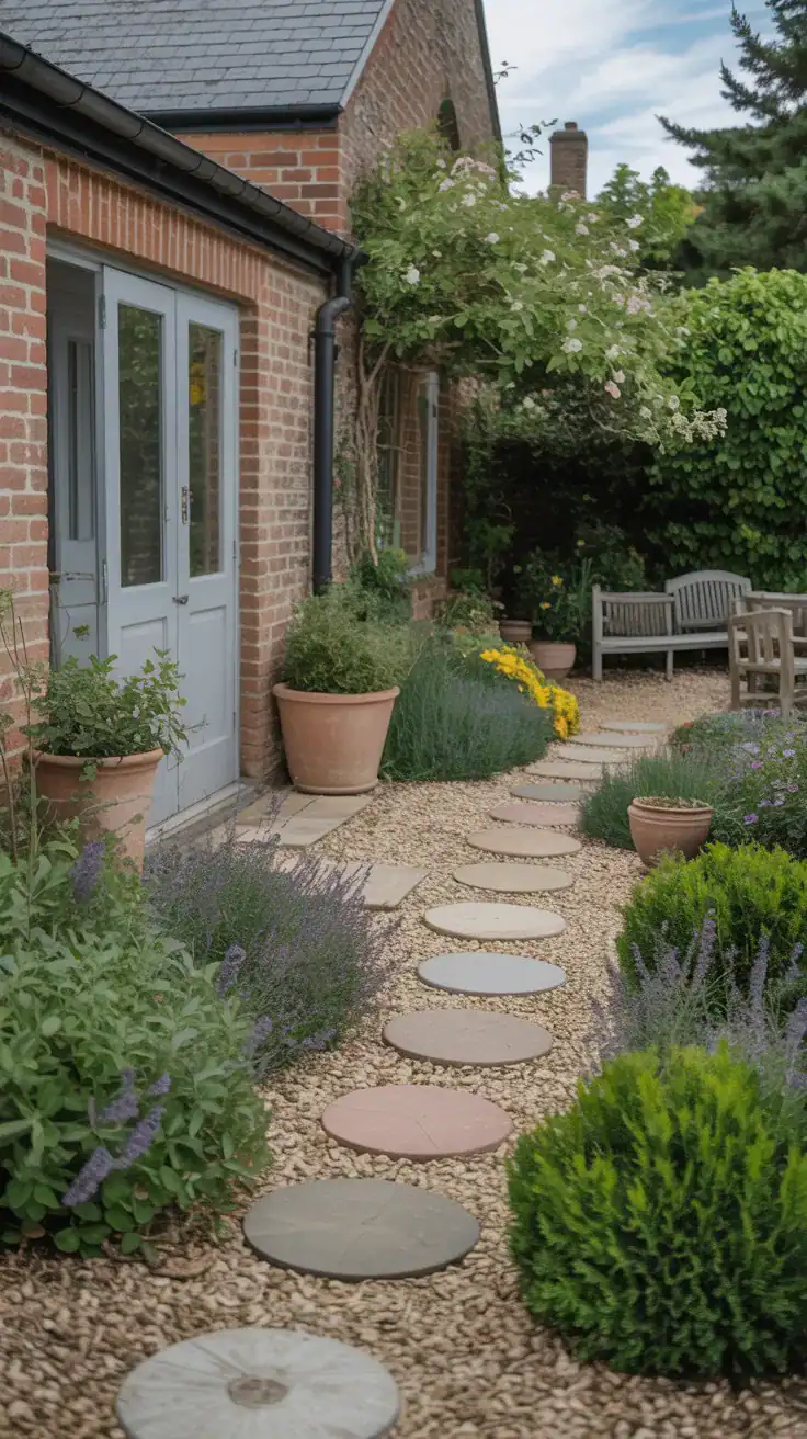 Gravel cottage garden patio with stepping stones and natural planting