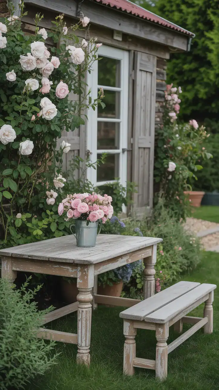 Weathered painted wood table and bench surrounded by cottage garden plants and climbing roses