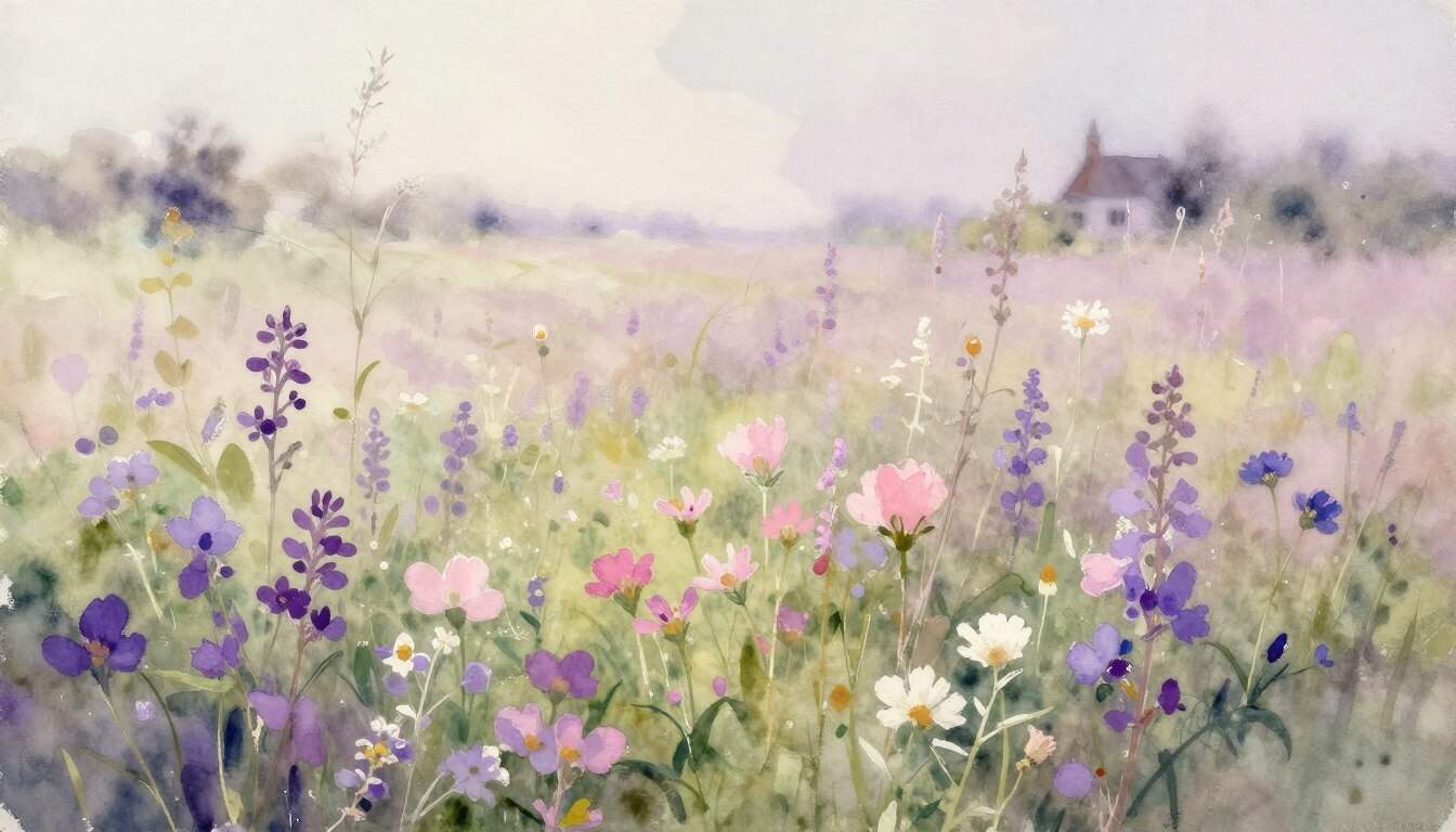 Soft watercolor painting of wildflower meadow with gentle pink and purple blooms in cottage garden style