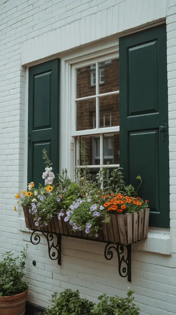 Cottage window boxes overflowing with seasonal flowers
