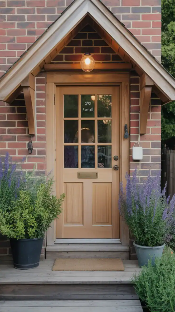 Charming cottage front door with natural wood finish