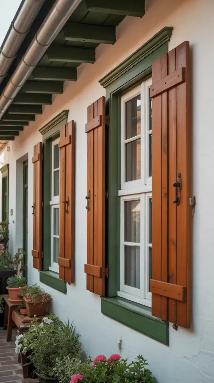 Rustic wooden shutters on cottage windows