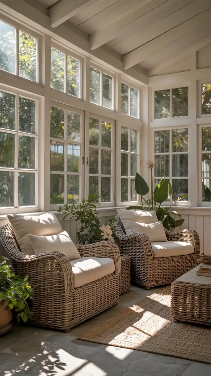 Cozy sunroom with wicker lounge chairs and soft neutral cushions near large windows
