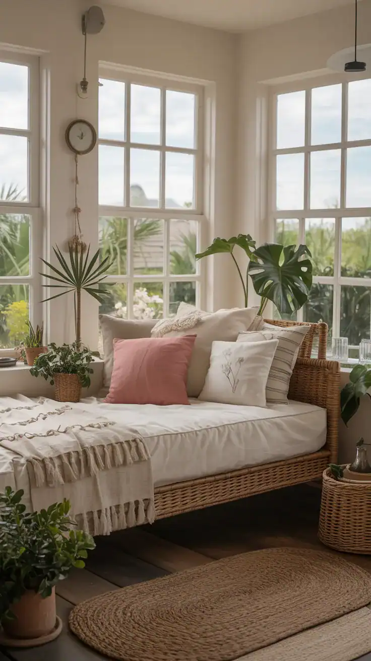 Sunroom daybed with layered bedding