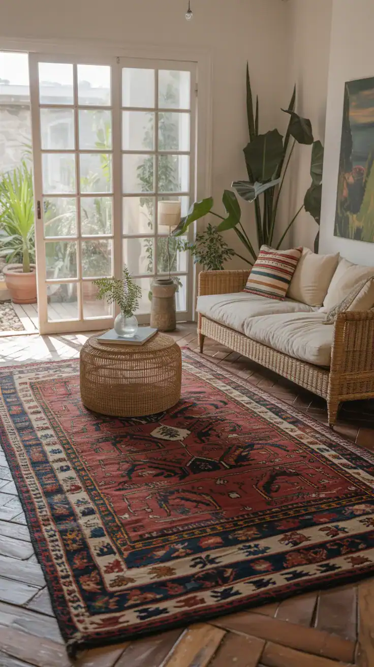 Layered rugs in sunroom