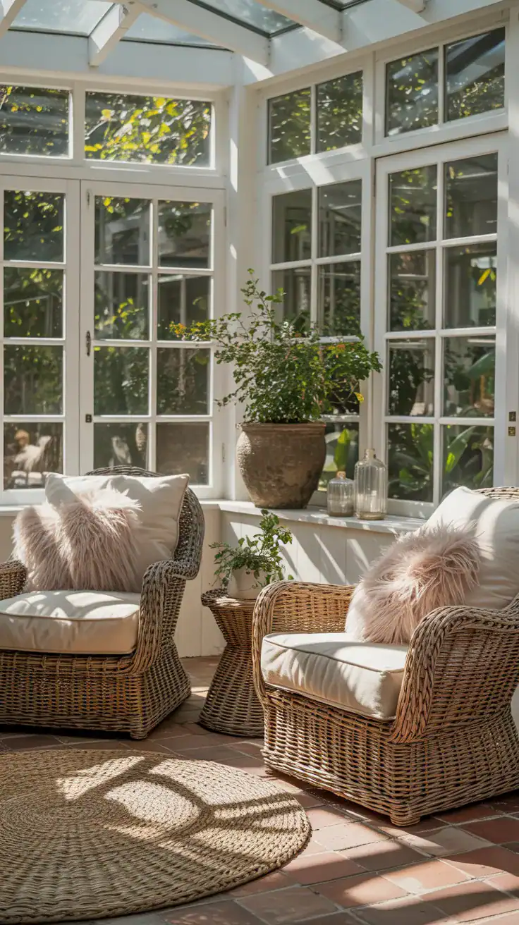 Cozy wicker chairs with plush neutral cushions in a bright sunroom with natural light