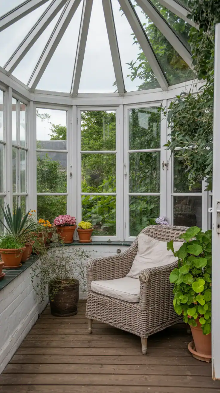 Sunroom with large windows and garden views