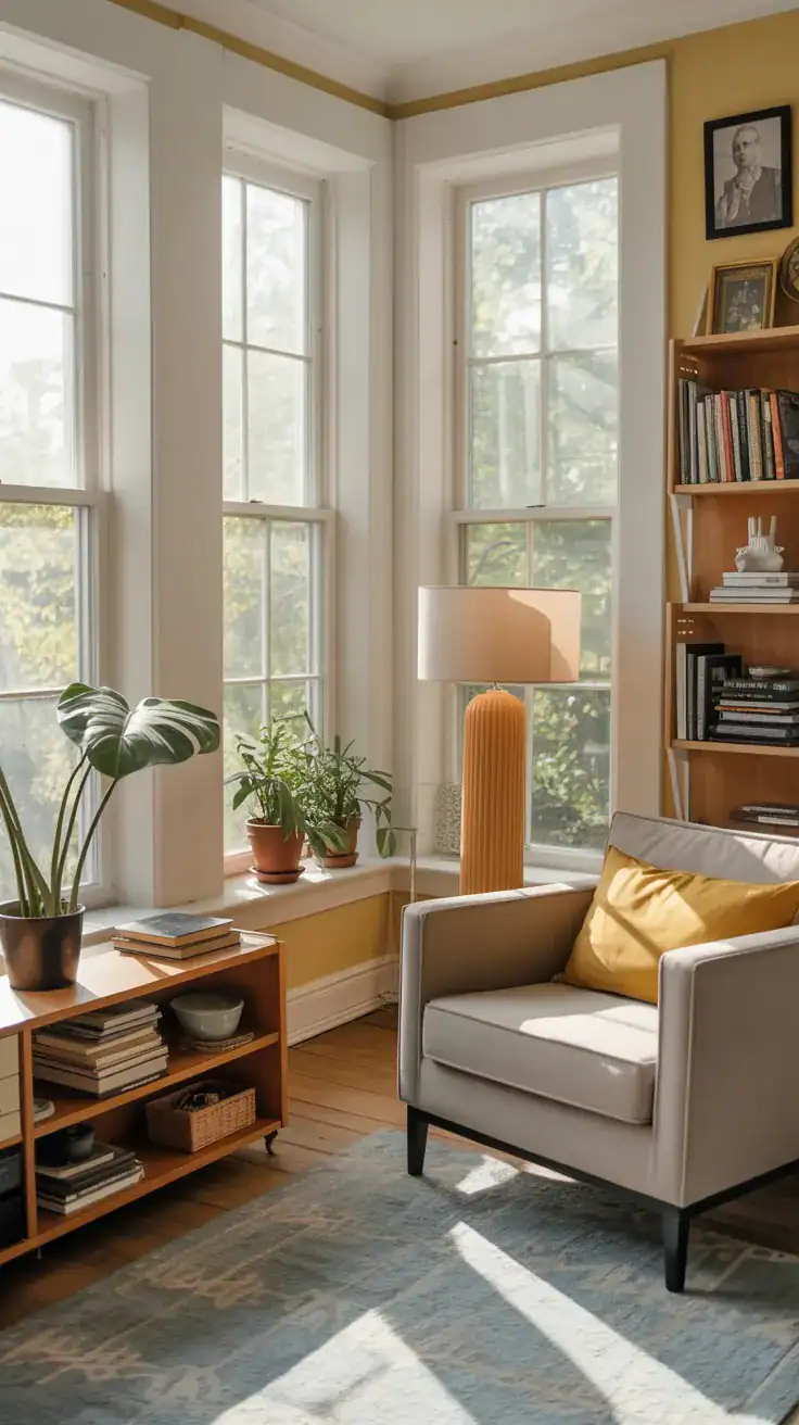 Sunroom reading corner with armchair