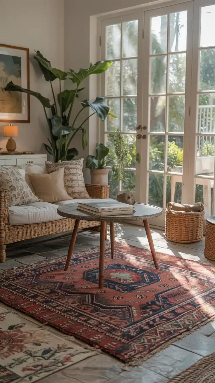 Layered rugs in sunroom