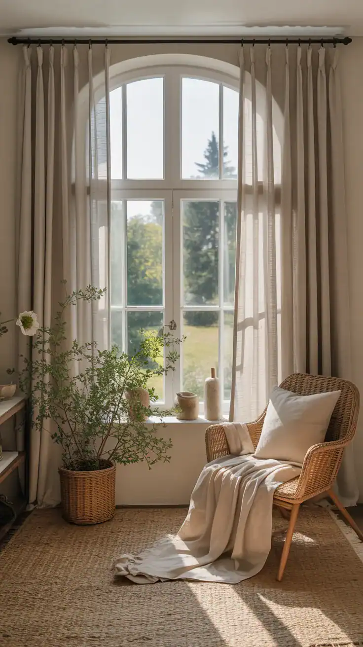 Sunroom windows dressed with flowing floor length linen curtains in neutral tones