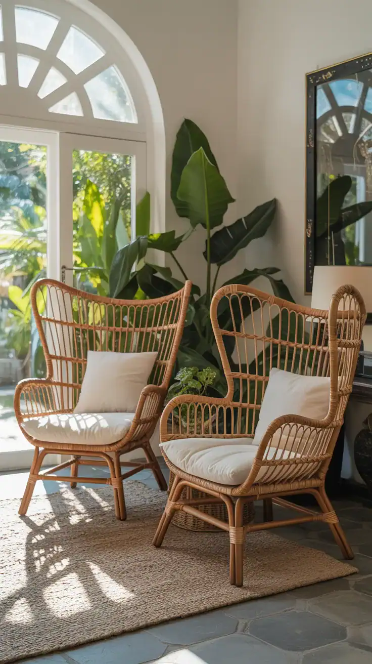 Pair of rattan accent chairs with soft cushions in bright sunroom setting
