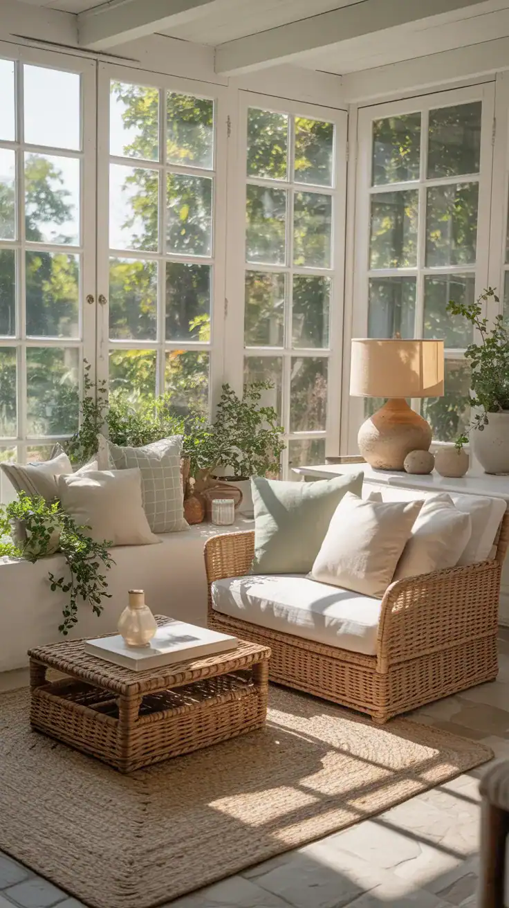 Peaceful sunroom decorated in neutral color palette with whites beiges and soft greens