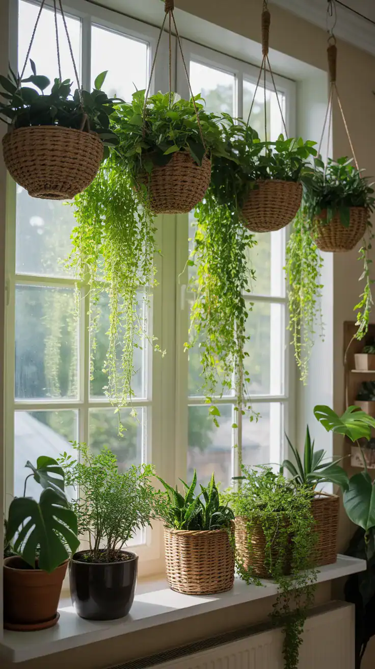 Sunroom windows with hanging plants in natural baskets cascading green foliage