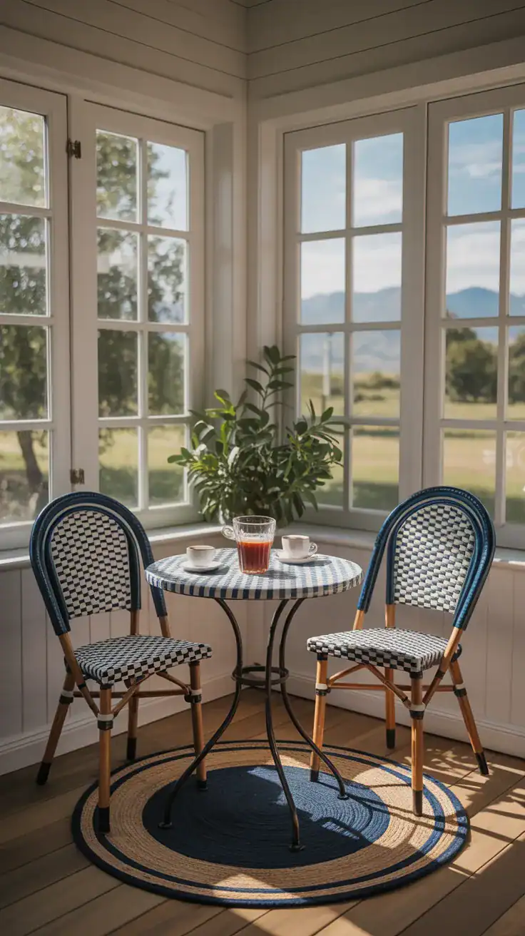 Charming bistro table and chairs set in sunroom corner with morning coffee setup