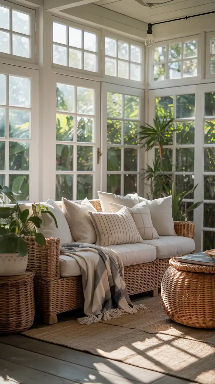 Comfortable sunroom seating layered with soft throw blankets and decorative pillows