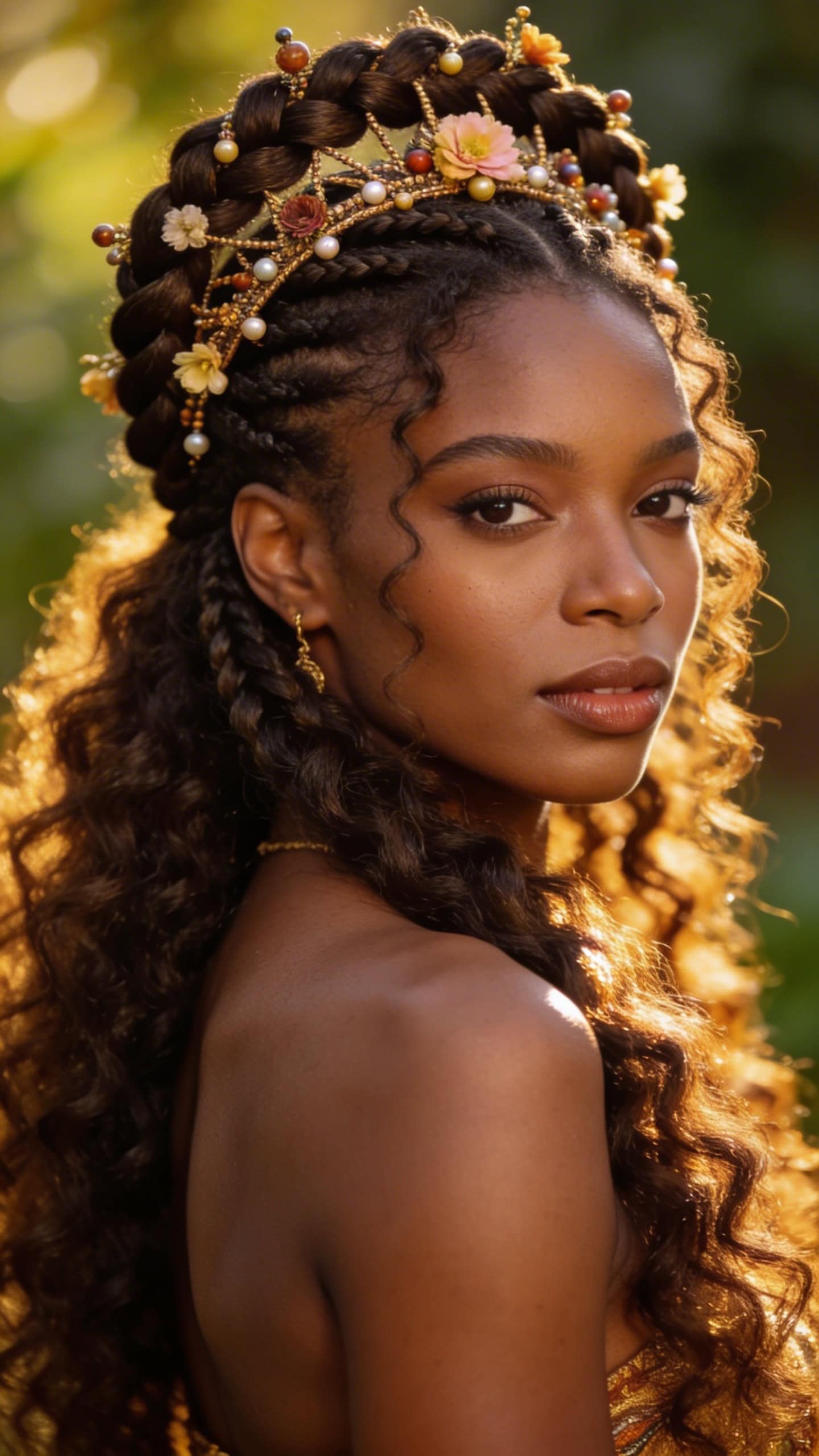 Goddess crown braid half up hairstyle for Black woman with natural curls flowing down