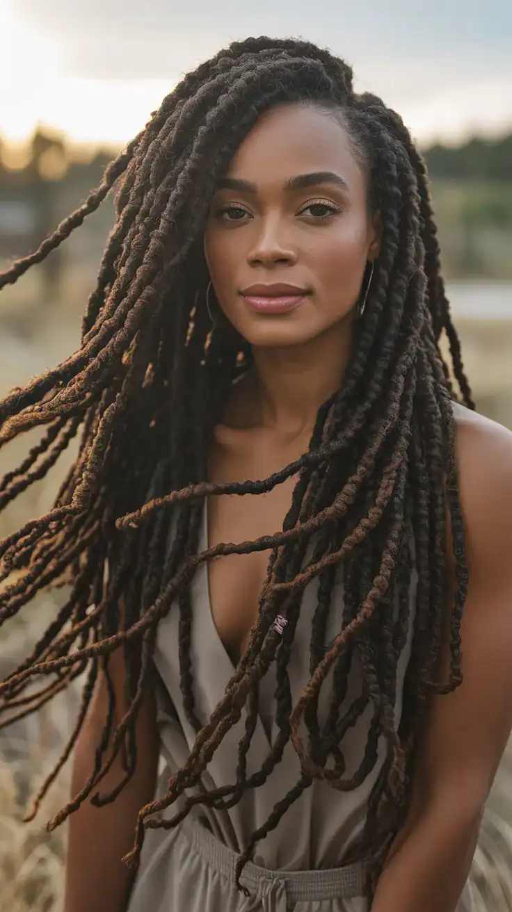 Black woman with long free flowing locs in soft natural light