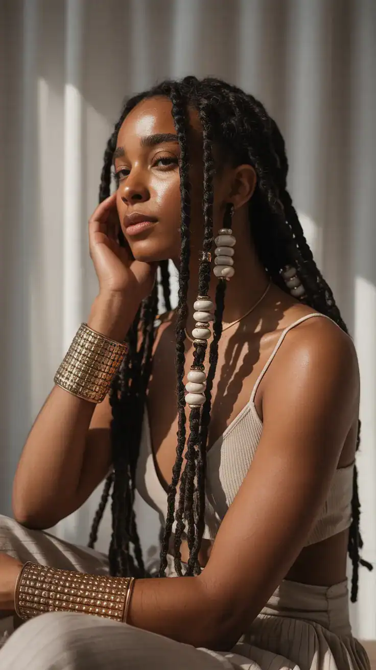 Black woman with long locs styled with beads and gold cuffs in soft natural light