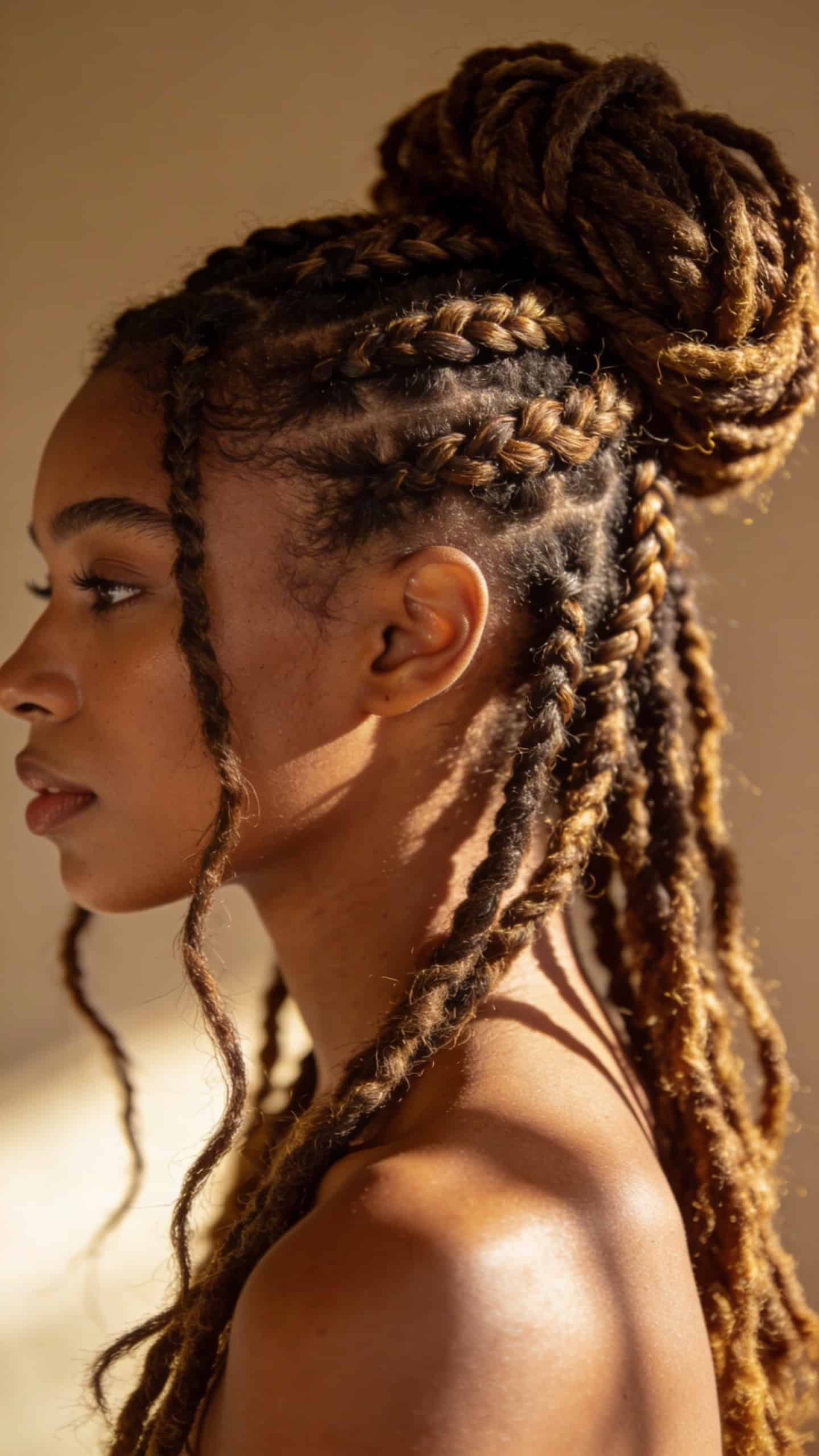 Black woman with locs styled in a braided updo, elegant and neatly arranged in soft natural light