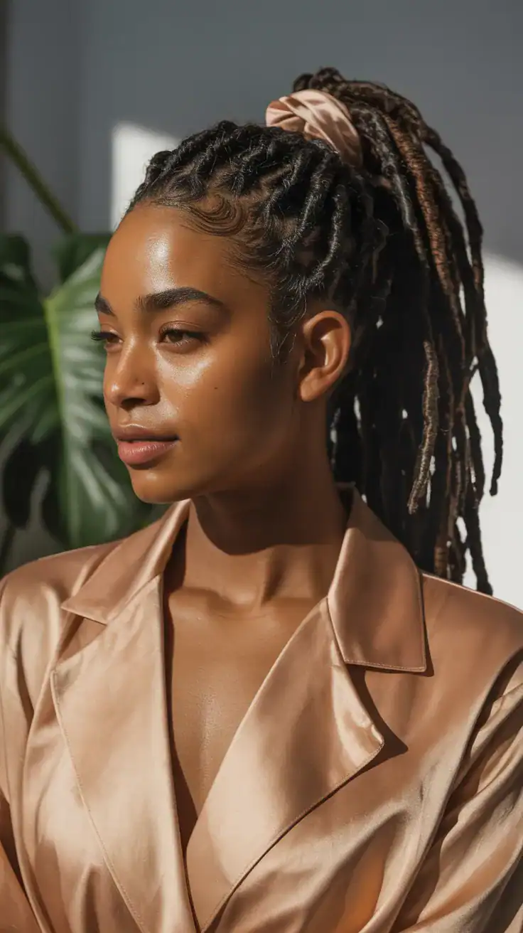 Black woman with locs styled in a ponytail with a wrapped base, sleek and polished in soft natural light