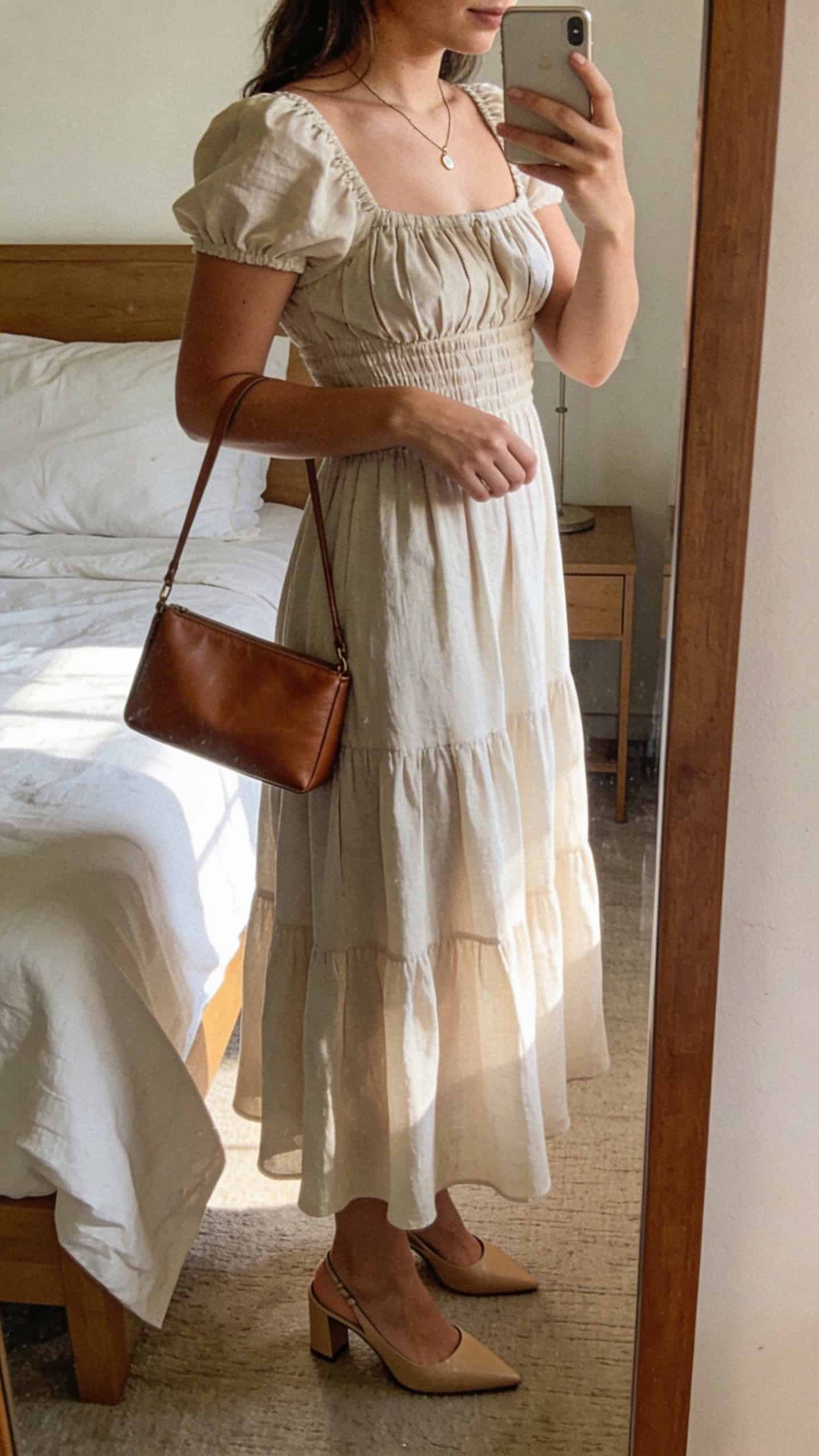 iPhone side-angle mirror selfie of a woman in a smocked-bodice midi dress with flowy skirt, low slingback heels, delicate necklace, and a slim leather tote, face not visible, cropped at shoulders, bedroom mirror, soft morning light, iPhone photo quality
