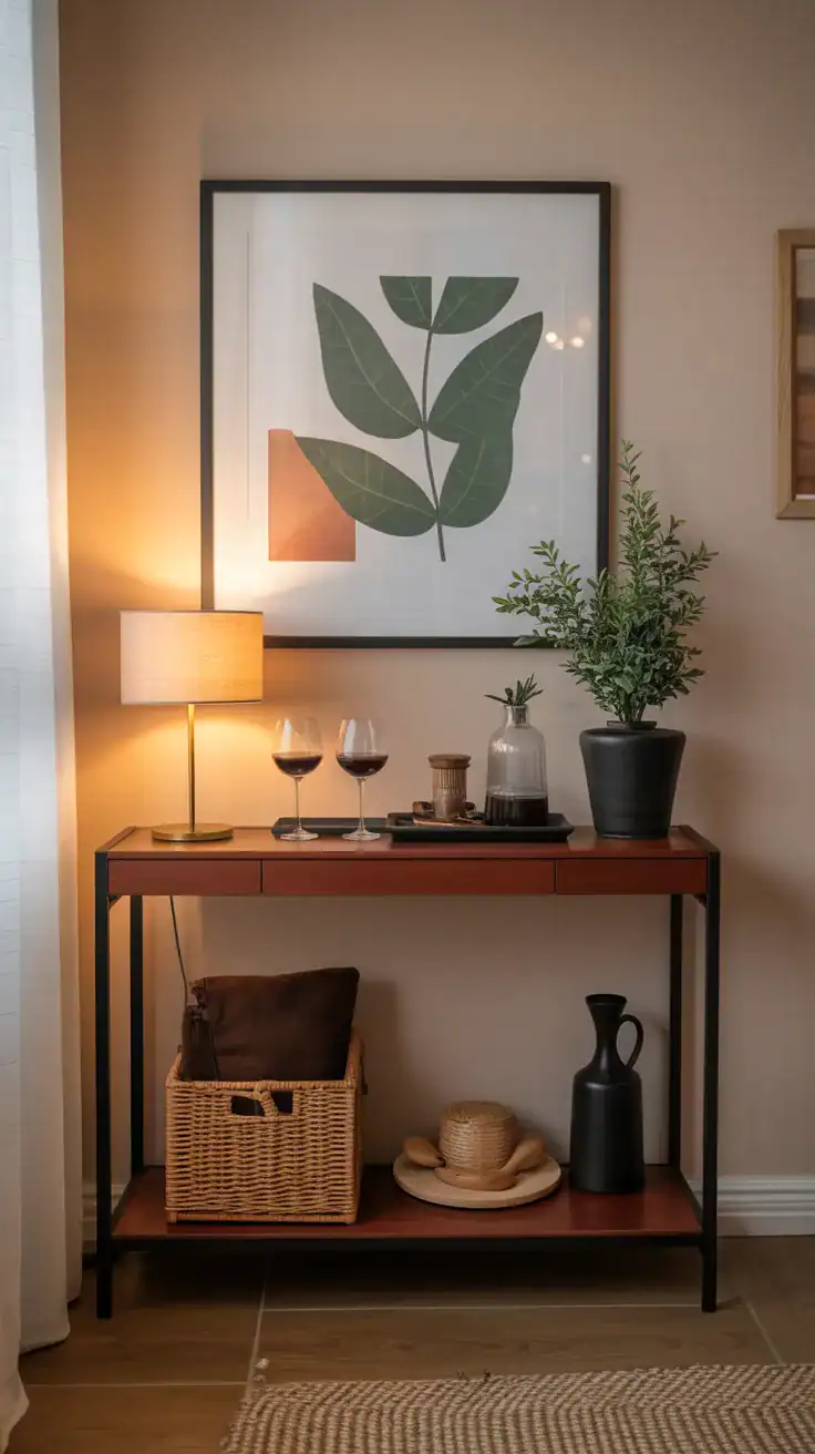 Slim console table coffee bar setup in small apartment