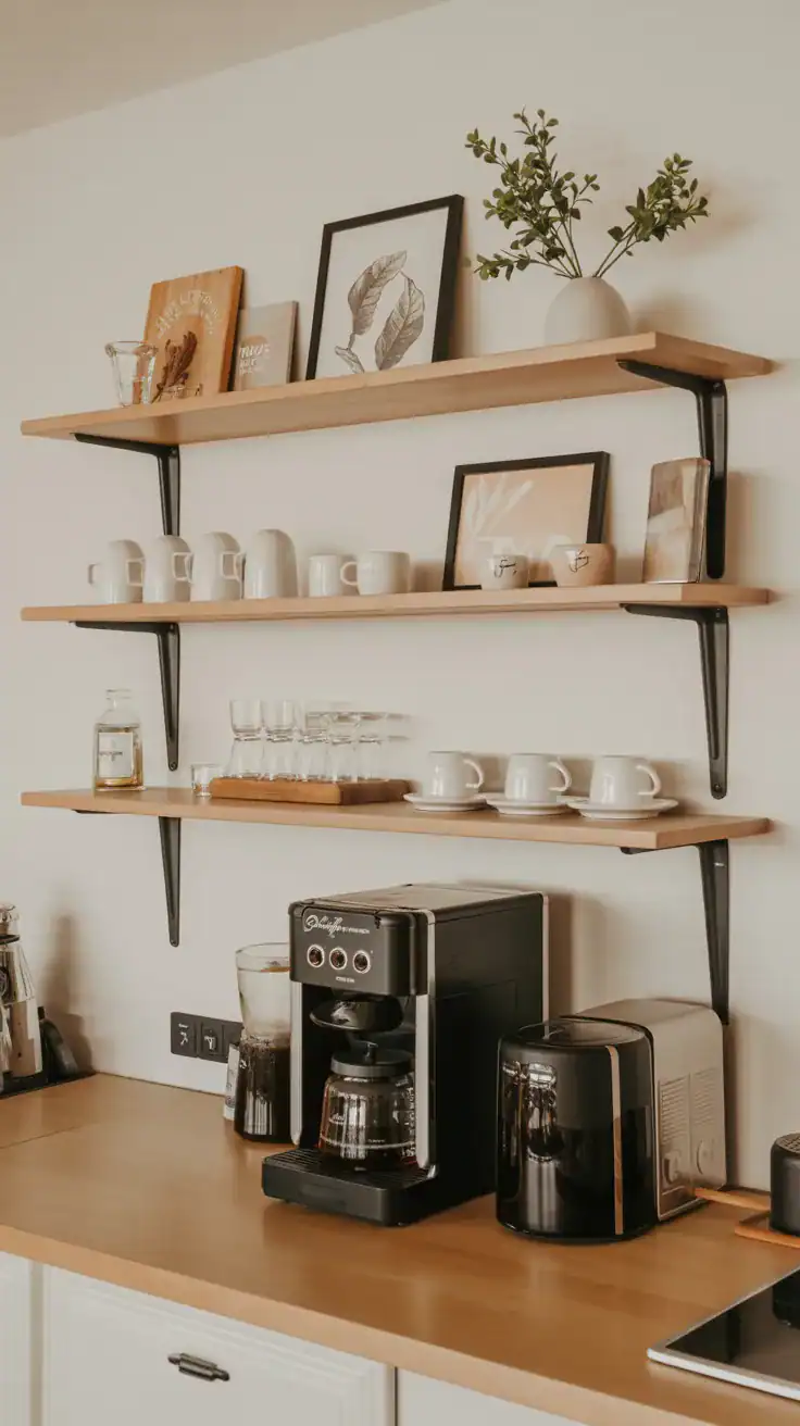 Floating shelves coffee bar setup with mugs and accessories