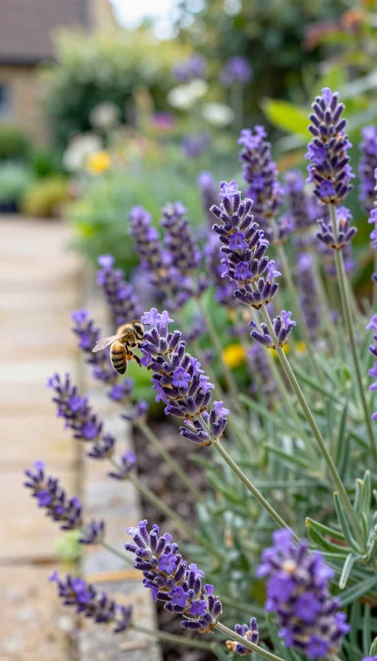 Purple lavender plants blooming in an English cottage garden border with soft morning light