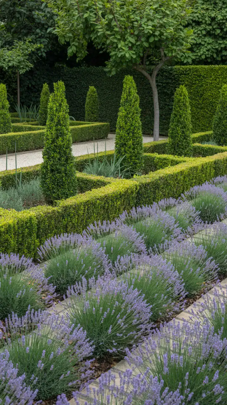 Organized French garden planting with repeated lavender sections and spaced boxwood