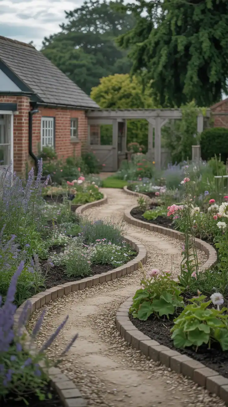 Curved meandering pathway through English cottage garden with irregular flower beds