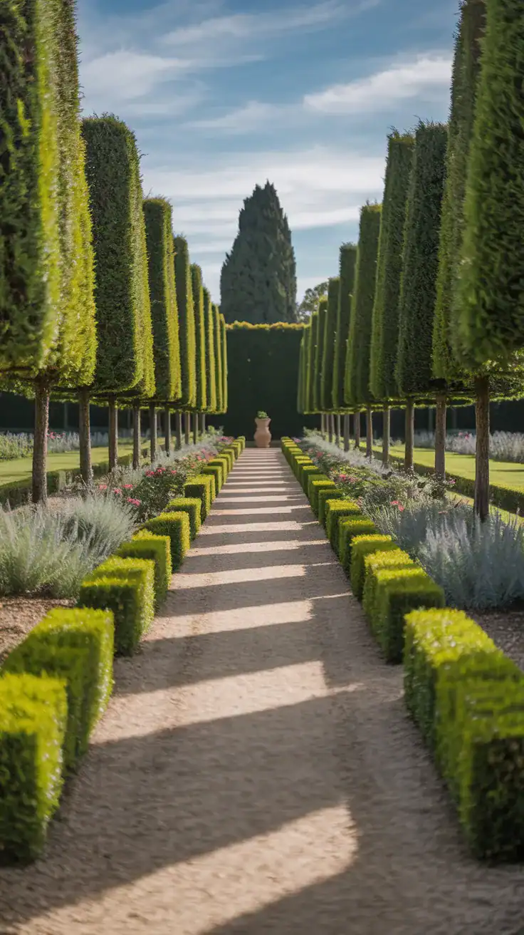 Straight gravel pathway through French country garden with symmetrical borders