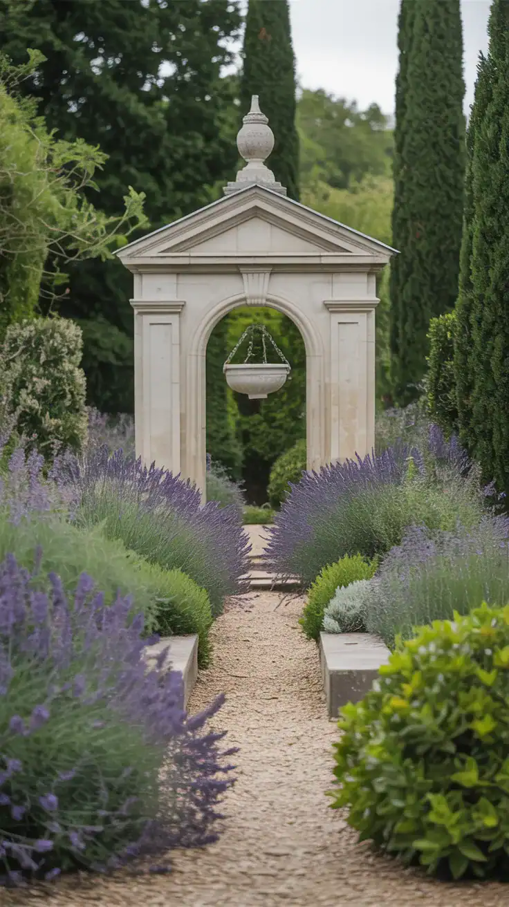 Muted French country garden with soft greens, lavender purple, and cream stone features